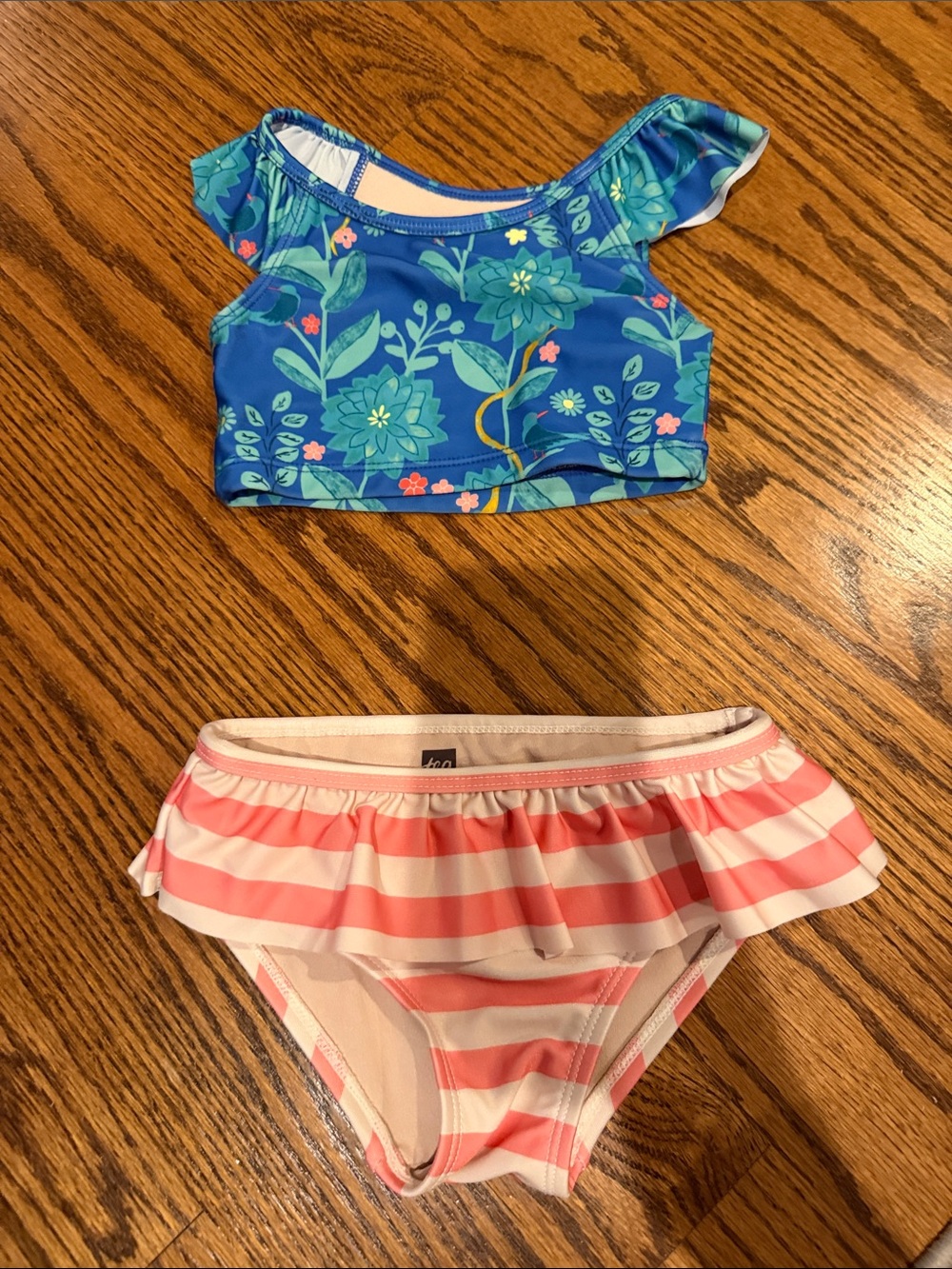 Kids Two-Piece Swim Set - Blue Floral Top & Pink Stripe Bottom